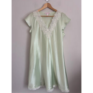 Oscar de la Renta Green Silky Slip Dress Lace Trim Large